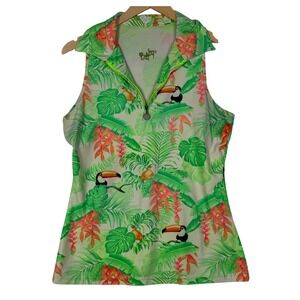 Tzu Tzu Womens Large Green Tropical Toucan Golf Sleeveless Zip Polo Resort